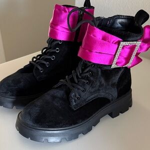 Betsey Johnson Velvet Black and Pink Combat Boots with Rhinestone Buckle
